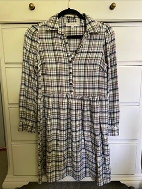 LOFT Cream Plaid Button-Front Shirtdress with Brown Accents